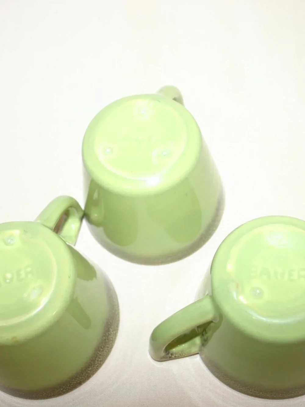A Set of 3 MCM Bauer Mission Moderne Coffee Cups Chartreuse & Brown B-313